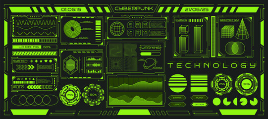 Cyberpunk abstract poster. Grid retro design graphic, 3d icon, line techno banner. Modern background rave, world frame, art typography sphere. Neon green wireframe. Vector garish HUD synthwave set