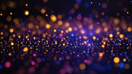 This is an image of many tiny round particles of light in blue, purple, and gold, shining against a black background.


