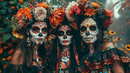 b"Three women wearing traditional Mexican 'Dia de los Muertos' face paint"