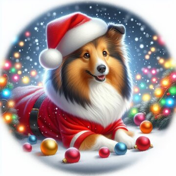 recommend clip art: Shetland Sheep Dog wear Santa Hat surround by christmas lights. Cute New year Clip Art Greeting Cartoon Character Round Sticker for decoration christmas theme
