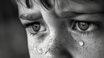 Fototapeta premium Tearful close-up of a boy's face, his eyes filled with longing and sadness.