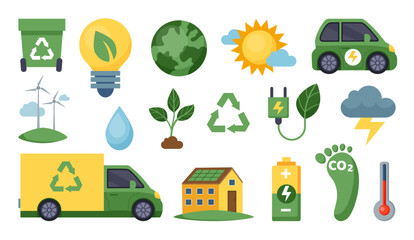 Carbon footprint. Green energy. Environment conservation. Sustainable climate. CO2 exhaust. Electrical car. Eco change. Electricity consumption. Global warming. Garbage recycle. ESG icons vector set