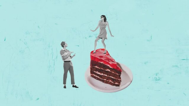Stop motion, animation. Stylish young woman dancing on delicious biscuit cake in front of young man. Sweet tooth. Concept of retro style, creativity, surrealism, imagination. Copy space or ad, poster