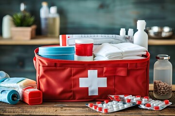 Portable first aid bag to carry in emergencies. Concept: health care, medication
