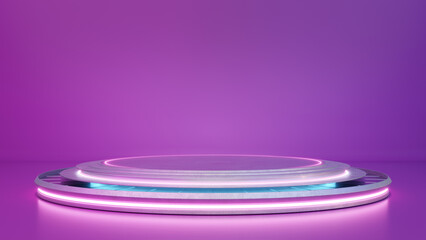 3D Futuristic neon podium display with purple backdrop