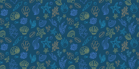 Sea seashell seamless pattern. Ocean nature. Line starfish and seaweeds. Doodle marine background. Linear beach shellfish. Sand conch. Underwater design. Summer vacation. Vector tropical tidy texture
