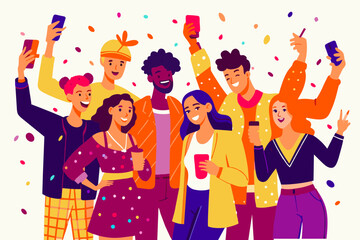 Cheerful Friends Celebrating Together with Selfies and Party Vibes