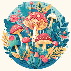 Vibrant Mushroom Wonderland Circle Illustration