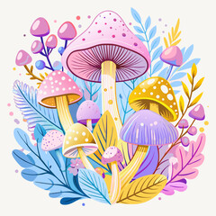 Vibrant Illustration of Colorful Mushrooms Surrounded by Nature