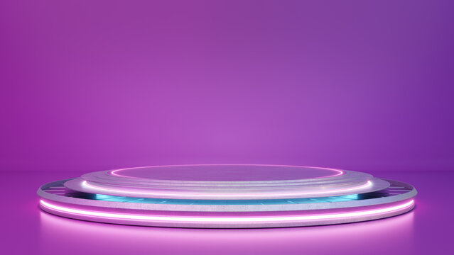 3D Futuristic neon podium display with purple backdrop