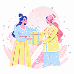 Friendly Gift Exchange Between Women on Festive Background