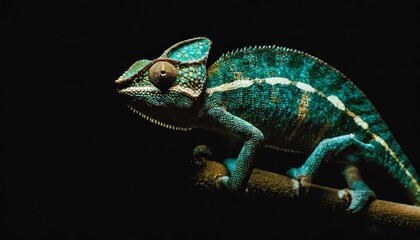 side on picture of a yemen chameleon isolated on a black background