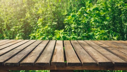 wooden deck table on green grunge background generative ai