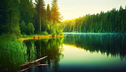 early morning over the lake in the forest summer landscape wilderness serenity lake