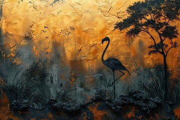 surreal art, Gold black Jungle wallpaper with birds, trees and tropical plant. jungle scene with Flamingo