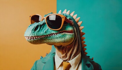 old school cool with dinosaur wearing sunglasses in studio on vibrant background