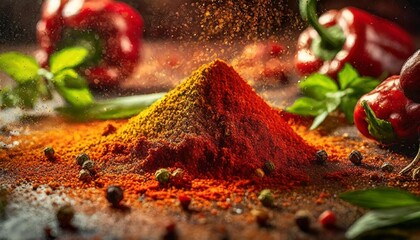 an artistic composition with paprika powder scattered over a moist surface causing the spice to...