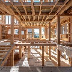 Fototapeta premium Wooden house construction frame provides a solid base for creating a warm and inviting home