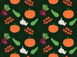 Seamless pattern with various vegetables and herbs for cooking on a green background.