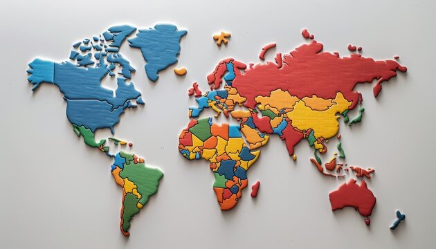 Colorful world map jigsaw puzzle unfinished on white background, vibrant and detailed