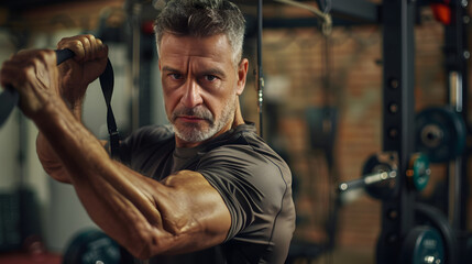 Energized Mature Man in His Element: A Gruelling Resistance Training Session - obrazy, fototapety, plakaty