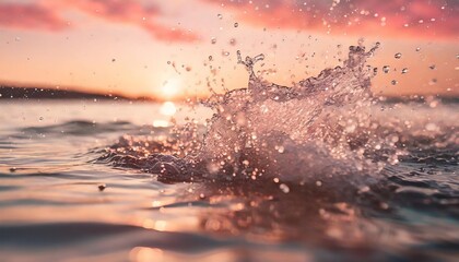 a close up of water splashing on the surface of a body of water with a pink sky in the back ground and a light pink sky in the background - Powered by Adobe