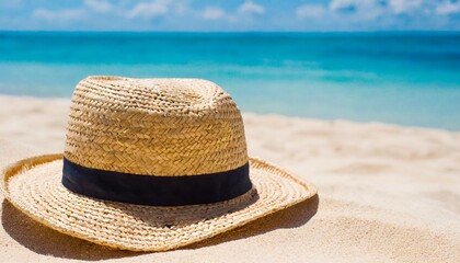 straw hat on the beach close up summer background - Powered by Adobe