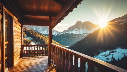balcony view from wooden chalet in the alps