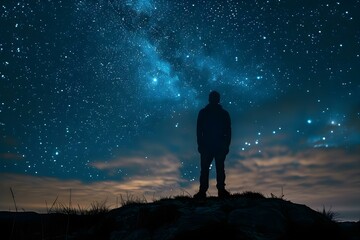 Man Contemplating Stars on Hill Against Night Sky Background. Concept Astrophotography, Night Sky, Contemplation, Nature, Serenity