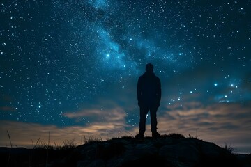 Fototapeta premium Man Contemplating Stars on Hill Against Night Sky Background. Concept Astrophotography, Night Sky, Contemplation, Nature, Serenity