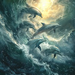 Naklejka premium A pod of dolphins jumps out of the water in the sunlight.
