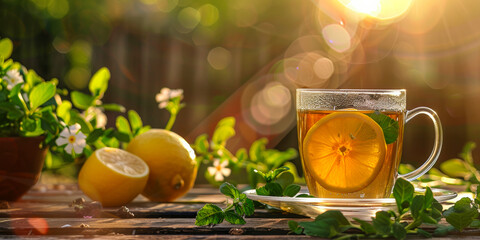 Sunny tea break with lemon zest, white flowers, green leaves, on wooden surface, fresh and serene. - Powered by Adobe