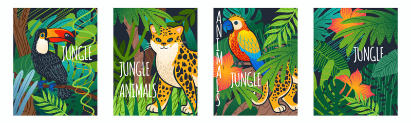 Fototapeta premium Jungle forest. Illustration abstract texture. Bird toucan and leopard on tropical plant nature background. Wild jaguar, parrot and tiger. Cute doodle leaf. Wall art or poster design. Vector cartoon