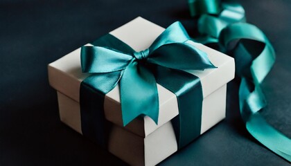 a white gift box with a teal ribbon and a bow on the top of it on a blue background