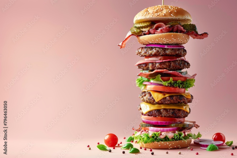 Aufkleber deconstructed burger layers on pastel background with ample space for personalized message