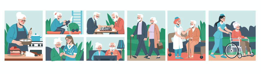 Care nurse. Help to senior patient. Hospital carer. Nursing home. Old men play chess. Grandmother in wheelchair. Happy older woman walking in clinic park. Elder life. Elderly couple leisure vector set