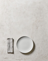 White empty plate, decorative textured background style with napkin. Up view.