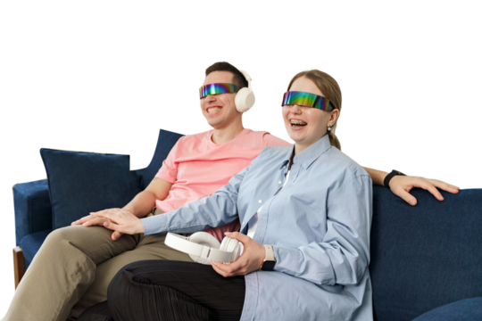 Watching a funny movie with VR glasses, A man and a woman laughing, cut out