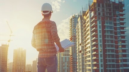 Naklejka premium Construction site supervisor in hard hat overseeing project with blueprints on site