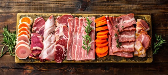 Artistic display of cured ham slices and fresh carrot juice on vintage wooden table