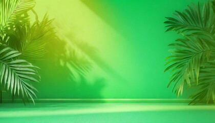 Fototapeta na wymiar abstract green gradient background for presenting products in a studio setting the room is empty with window shadows flowers and palm leaves it is a 3d room with space for text