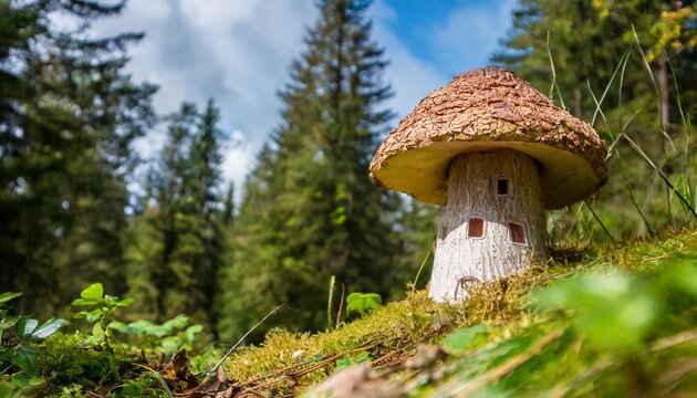 mushroom shaped house in the middle of the forest home for elves and sprites generative ai