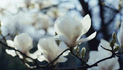 branch of magnolia in full blossom in morning light spring nature background in the park