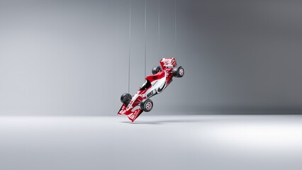 formula f1 car hanging from strings
