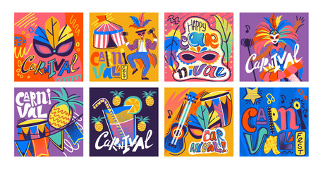 Carnival party poster. Festival costume and mask. Circus fair. Music concert. Brazilian fest background. Cocktail bar. People festive dance. Happy man and woman. Abstract banners vector design set