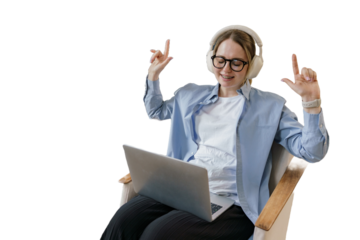 Student positive dancing woman uses laptop, cut out background