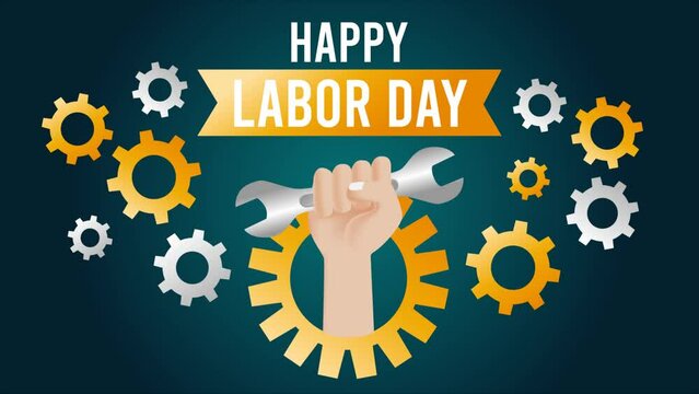 happy labor day vector design.  hand holding a wrench and gear Wheels.