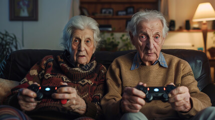  Senior person playing video game. 