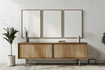 Blank picture frame mockups cabinet wood furniture.