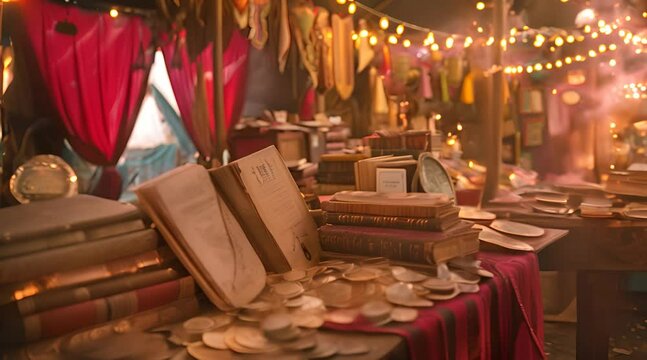 Vintage Book Market Stall Under Fairy Lights 
with Ai generated.

